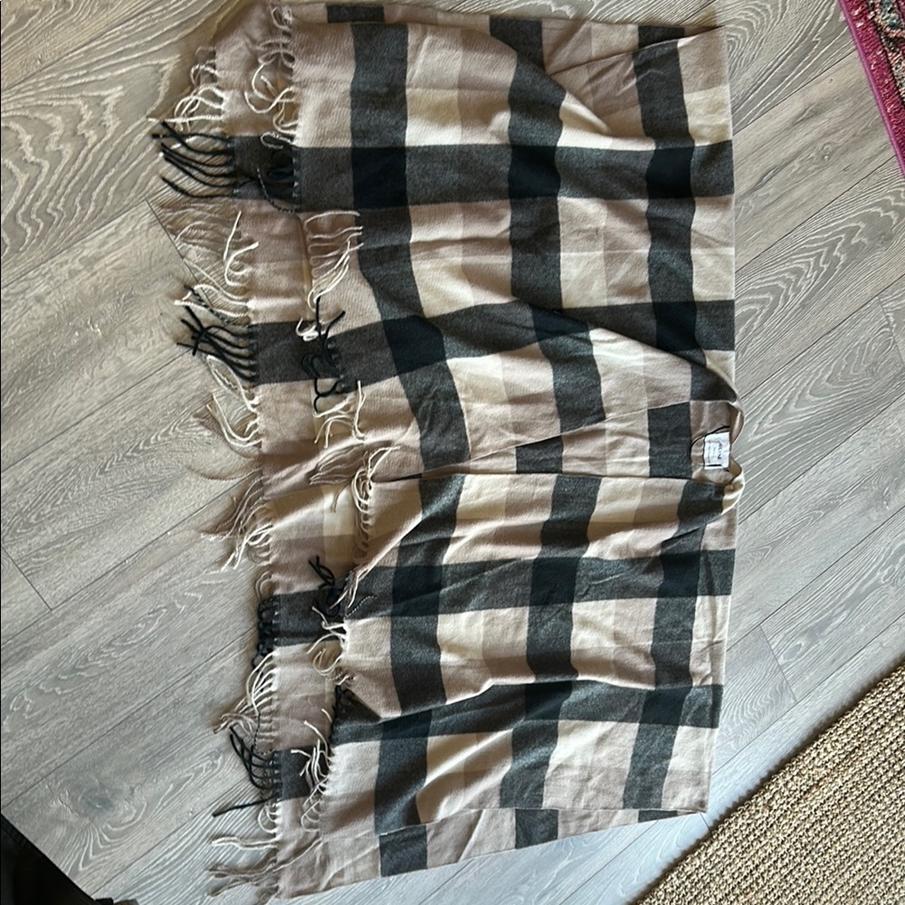 Plaid Fringe Scarf in Black and Tan